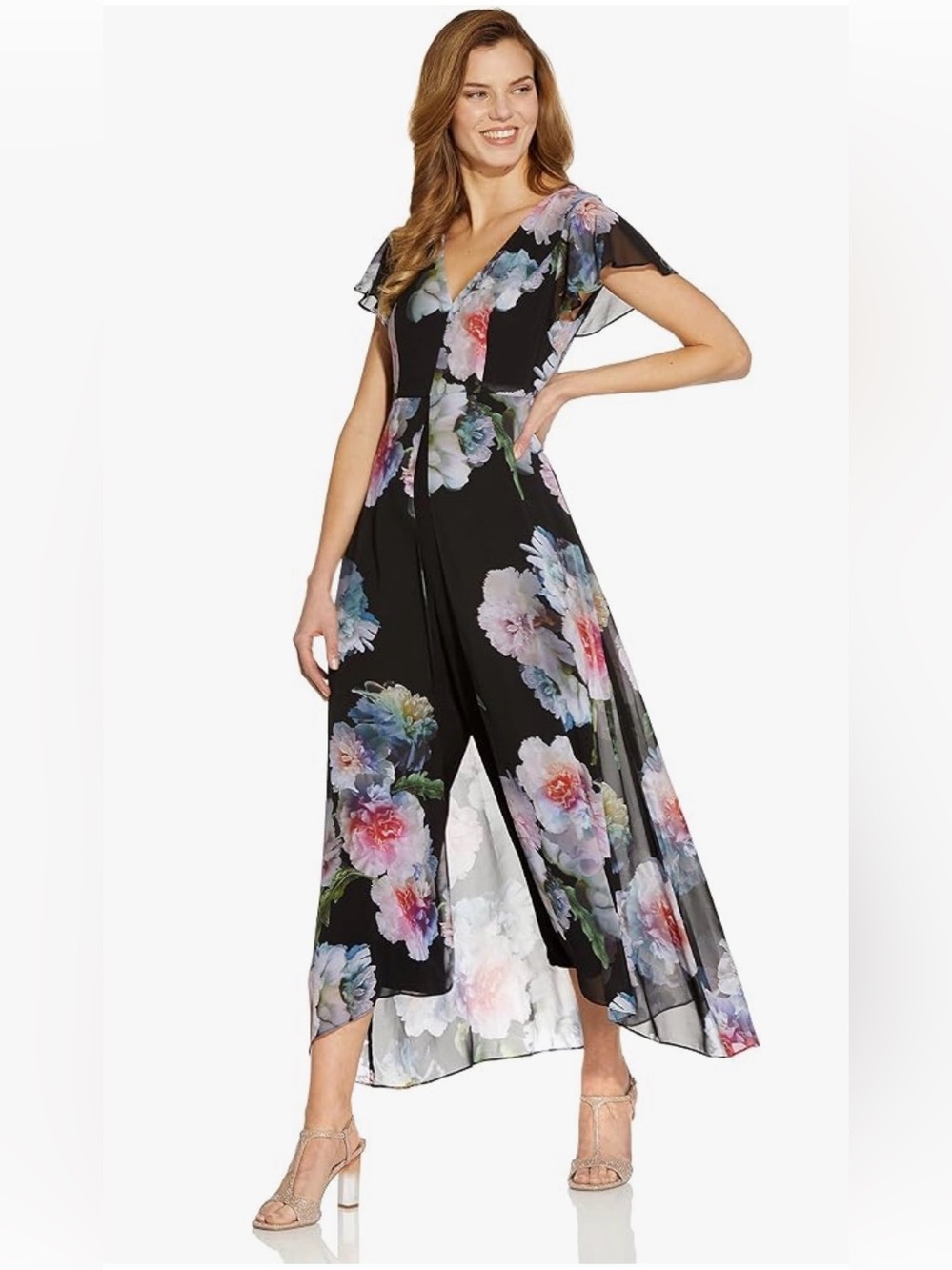 Emerald Sundae Black Floral V-Neck Jumpsuit with Pink & Blue Blooms
